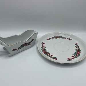Vintage Poinsettia & Ribbons Sleigh Shaped Gravy Boat and Platter